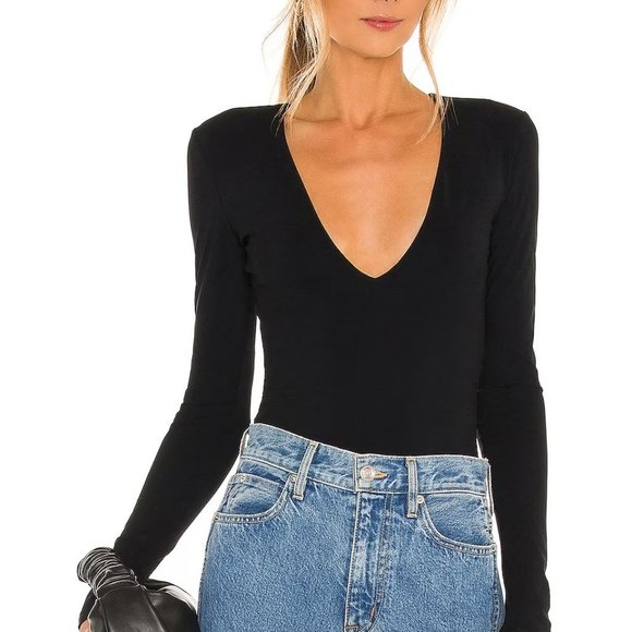 ALIX NYC Irving black stretch bodysuit deep V jersey long sleeve Small - Picture 1 of 7